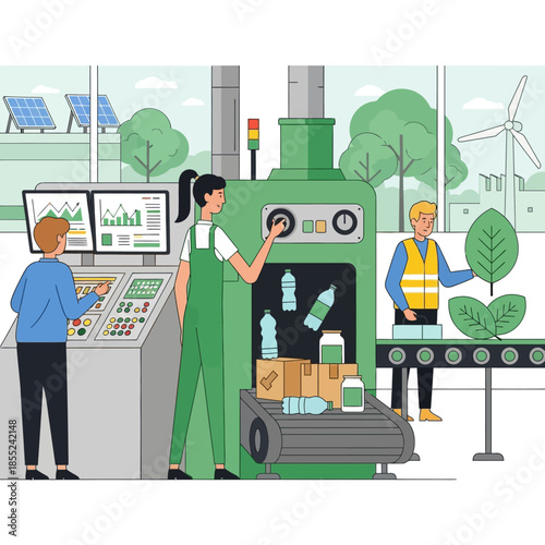 Recycling plant with workers processing materials, showcasing eco-friendly technology and sustainability