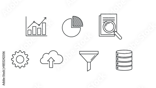 A set of clean line icons visually represents various data analysis, storage, and operational functions against a white background.
