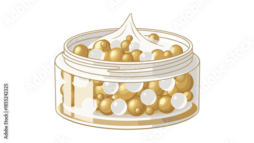 Transparent jar of cosmetic cream filled with glistening white and golden pearls, symbolizing luxury skincare, beauty, and precious ingredients.