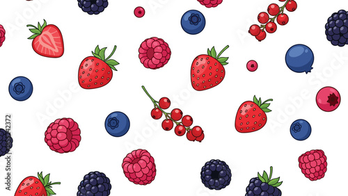 Vibrant and appealing seamless pattern composed of various fresh berries, including raspberries, blueberries, blackberries, and strawberries.