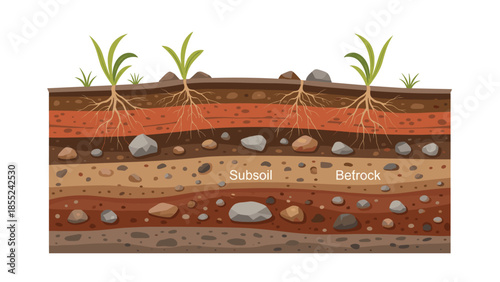 Detailed cross-section illustrating various soil layers, including topsoil, subsoil, and bedrock, complete with thriving plant roots and scattered rocks.
