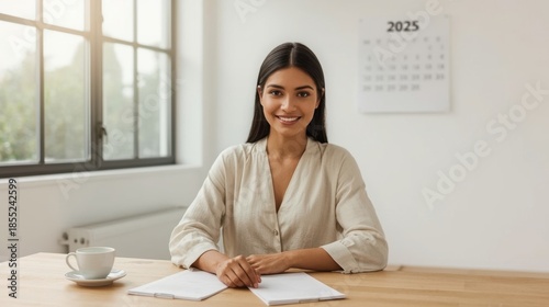 A young woman with a bright smile sitting at a desk with a cup of coffee and notebook in a bright office with a calendar on the wall behind her