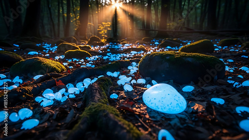 Magical glow in the dark forest, bioluminescent mushrooms, enchanted woodland