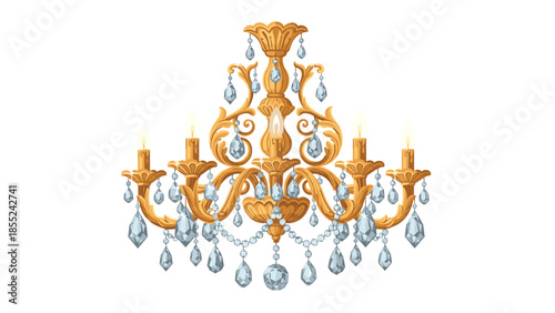 Grand and ornate gold chandelier featuring classic candle-style lights and glistening blue crystals, exuding a luxurious and antique charm.