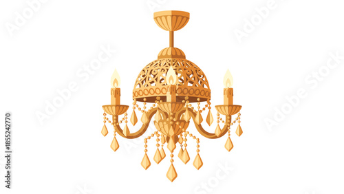 Elegant gold chandelier featuring classic candle-style lights and sparkling clear crystals, exuding a luxurious and antique charm.
