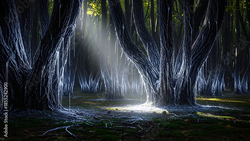 Enchanting forest lighting, sunlight through trees, magical woodland scene