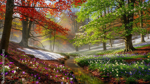 Serene autumn forest trail with colorful foliage and flowers