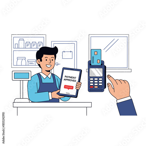 A cheerful cashier at a store happily displaying a payment approval on a tablet while a customer pays