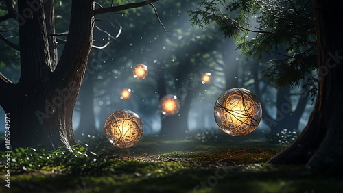 Enchanted forest, glowing orbs, mystical nature, magical lights, fantasy landscape