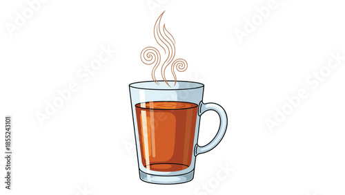Clear glass mug filled with hot, steaming tea, featuring elegant swirling steam, evoking comfort, warmth, and relaxation.