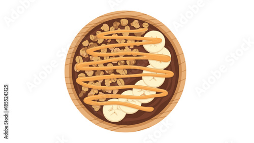 Delicious and healthy acai bowl topped with sliced bananas, crunchy granola, and a drizzle of peanut butter, perfect for breakfast or snack.