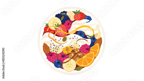 Rich and colorful acai bowl brimming with an assortment of fresh berries, nuts, granola, and a swirl of honey, a super healthy and tasty treat.