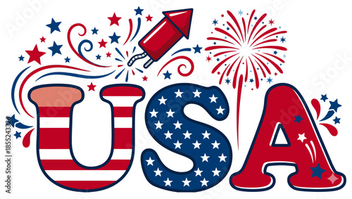 Patriotic USA Letters Illustration with Fireworks and Stars, usa letters illustration, american flag lettering, patriotic artwork, red white blue design, independence day illustration, fourth of july,