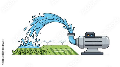 Efficient agricultural irrigation system with a pump forcefully spraying water onto a lush green field, symbolizing modern farming and water management.