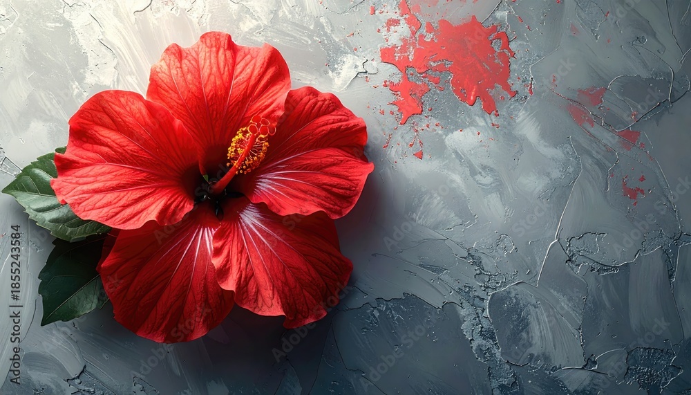 Fototapeta premium Vibrant Red Hibiscus Flower on Gray Textured Background