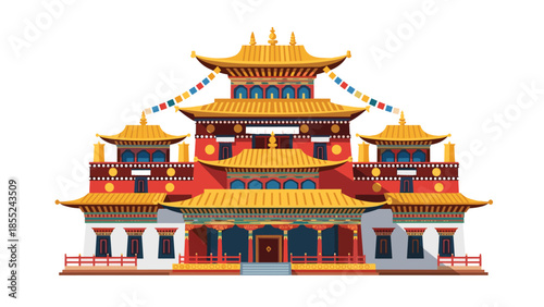 Ornate traditional Tibetan Buddhist temple with multi-tiered golden roofs and colorful prayer flags, symbolizing spirituality and cultural heritage.