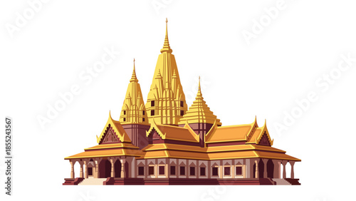 Majestic traditional Cambodian temple with elaborate golden spires and intricate architectural details, reflecting rich cultural and religious history.