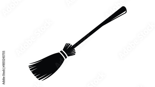 A simple black silhouette of a traditional witch s broom on white