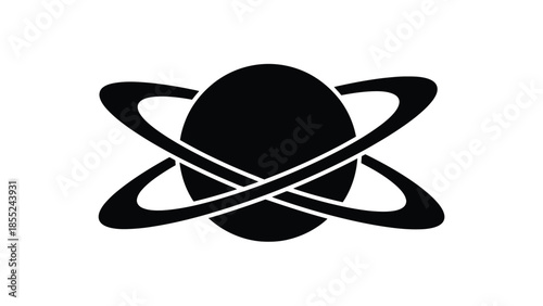A simple black and white illustration of an atom with orbiting electrons