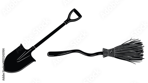 Simple black and white illustration of a shovel and a broom