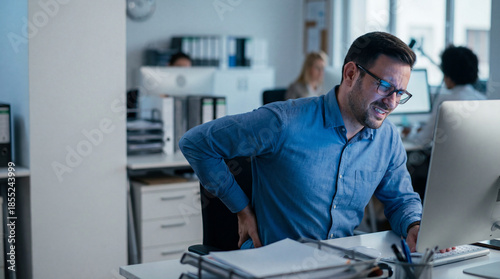 Man suffers back pain at desk. Office worker grips lower back pain while using computer, showing back pain prevention for World Health Day, workplace safety week, wellness concept, copyspace