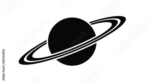 A simple black and white silhouette of the planet saturn with its rings