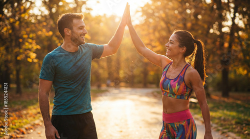 Fitness partners celebrate outdoor workout win. Outdoor workout high five at sunset park, workout motivation for newyear goals, autumn marathon training, healthy lifestyle concept daily