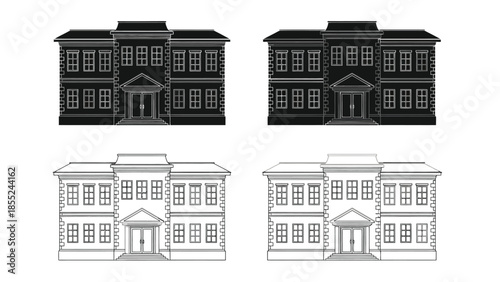 Four identical house facades illustrated in black and white line drawings