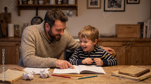 Father helps son with homework. Warm kitchen tutoring with pencils and notebook, homework bonding for back to school season, for fathers day gift, family learning at home, cozy evening vibe