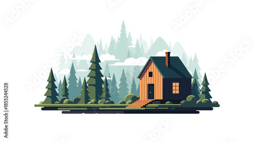 Charming small cabin with a rustic design, surrounded by a serene pine forest and mountains, offering a peaceful retreat in nature.