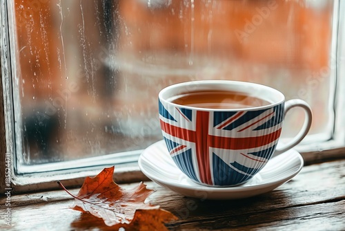 Tea cup with British flag design by a window.