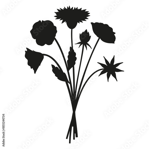 Wildflowers silhouette bouquet. Hand-drawn knapweed, pansy, meadow flowers, herbs, and wild plants. Botanical elements for design projects. Minimal style, vector illustration