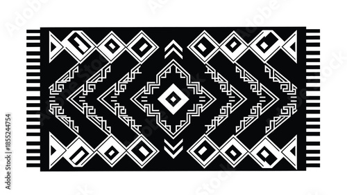 A striking black and white geometric rug with a traditional tribal pattern