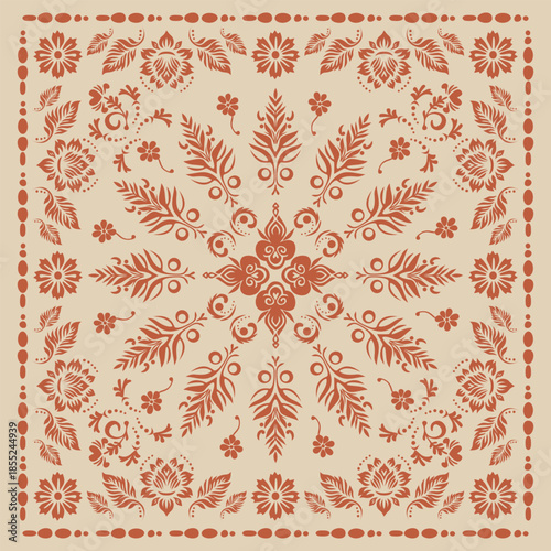 Elegant scarf pattern design. Hijab motif ornament, fabric kerchief vector wallpaper, Ornamental paisley graphic for a bandana, Geometric ornament with frame and border. Line art, lace, embroidery