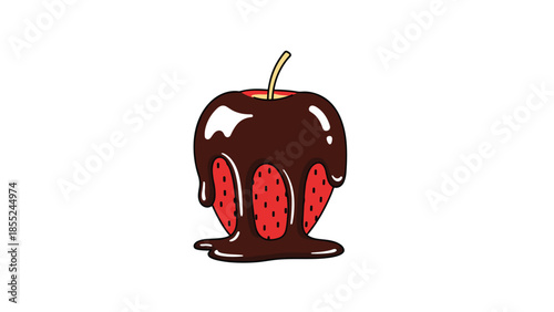 Juicy red strawberry lavishly drenched in thick, flowing melted chocolate, creating an enticing and luxurious dessert or sweet snack.