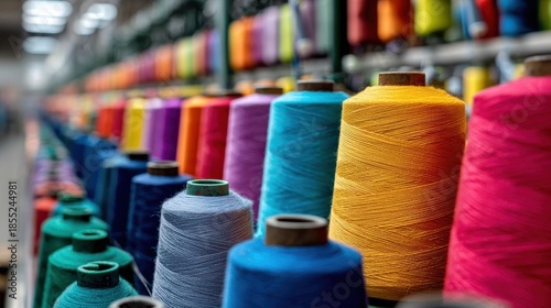 Endless row of colorful thread spools in a textile factory