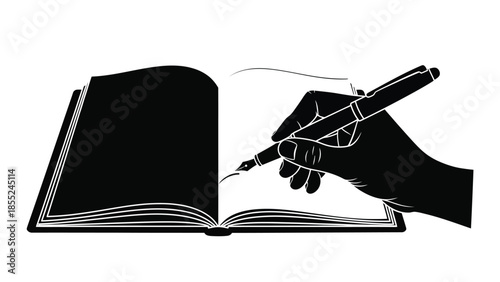 An open book with a hand writing with a fountain pen