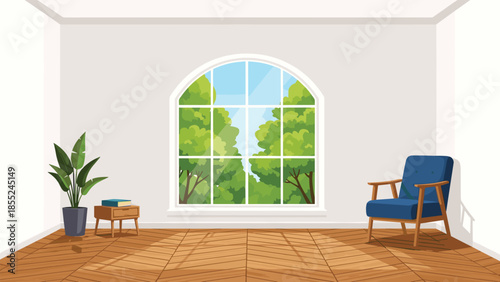 Minimalist living room featuring an elegant arched window overlooking lush green trees, complemented by a modern blue armchair and a potted plant.