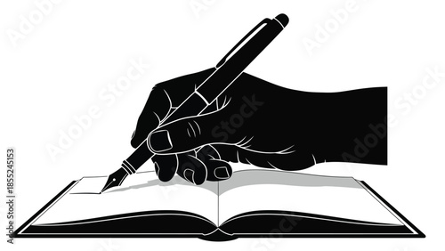 A silhouetted hand holding a pen over an open book illustration style