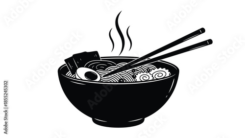 A black and white illustration of a bowl of ramen with chopsticks