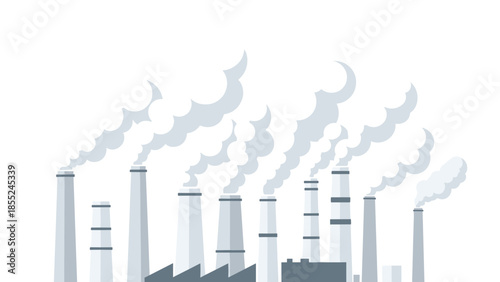 Panorama of multiple smoking factory chimneys, illustrating widespread industrial emissions, air pollution, and environmental concerns.