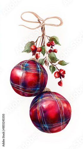 Festive watercolor Christmas decoration hanging on white, red plaid baubles with green leaves and winter berries, traditional holiday design.
