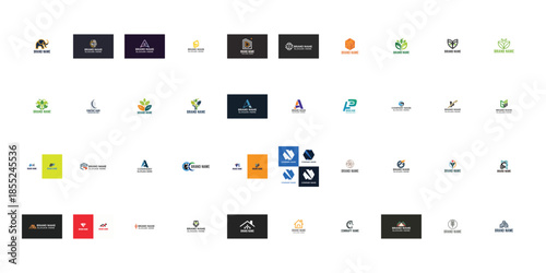 Collection of various colorful with brand names symbols text