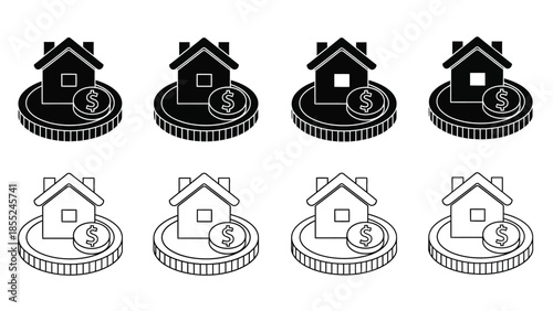 Four pairs of house icons with coins line art and solid black styles