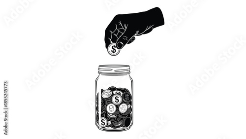 A hand dropping a coin into a glass jar already containing coins