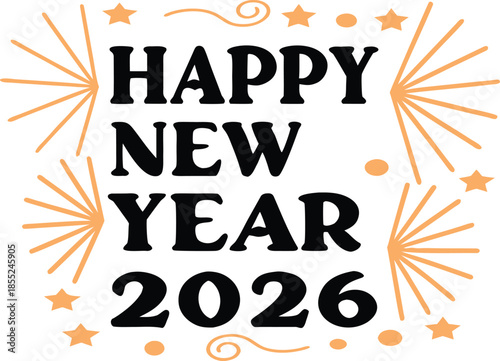Happy new year 2026 celebration greeting card with fireworks and stars