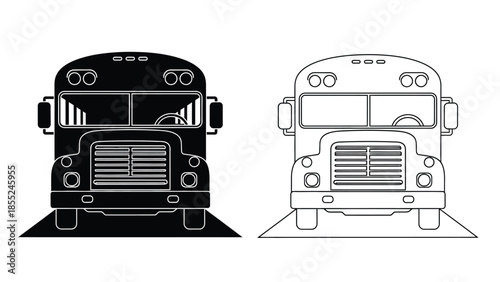 Two monochrome depictions of front views of classic school buses