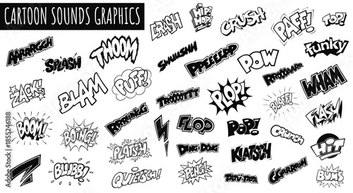 Dynamic Comics: Comic-style sound effects graphic words, capturing the energetic and explosive essence of comic storytelling and pop art.