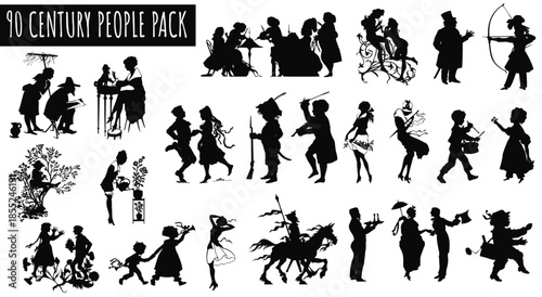 90 Century People Pack: A collection of silhouette of people and the activities in 19 century, depicting the simplicity and charm of an earlier era.