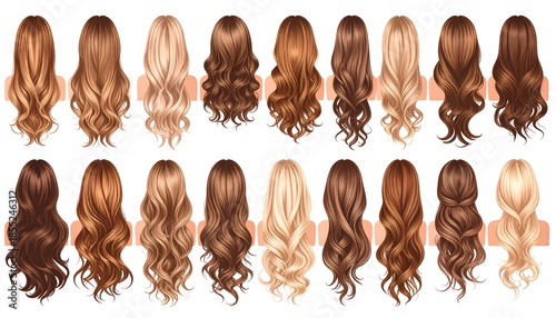 Collection of diverse and stylish women's hairstyles in various colors and textures